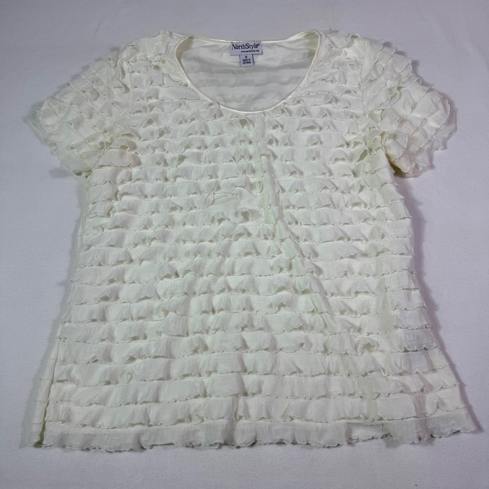 NorthStyle Ruffle Tiered Top M Cream Short Sleeve Ballet Fairy Feminine Whimsy